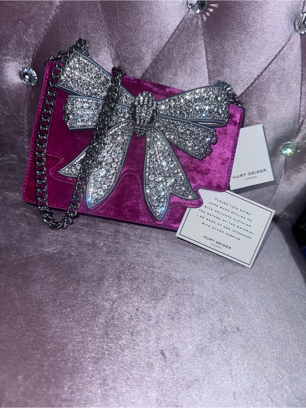 Kurt Geiger Magenta Velvet Crossbody with Crystal Bow